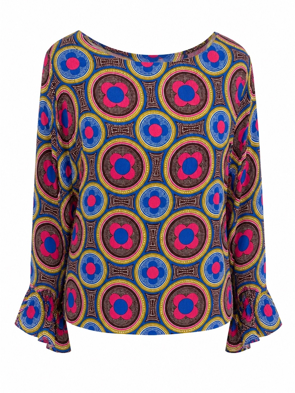Maeve Anthro - Multicolor Retro Circular Print Blouse — Blue, Pink & Brown